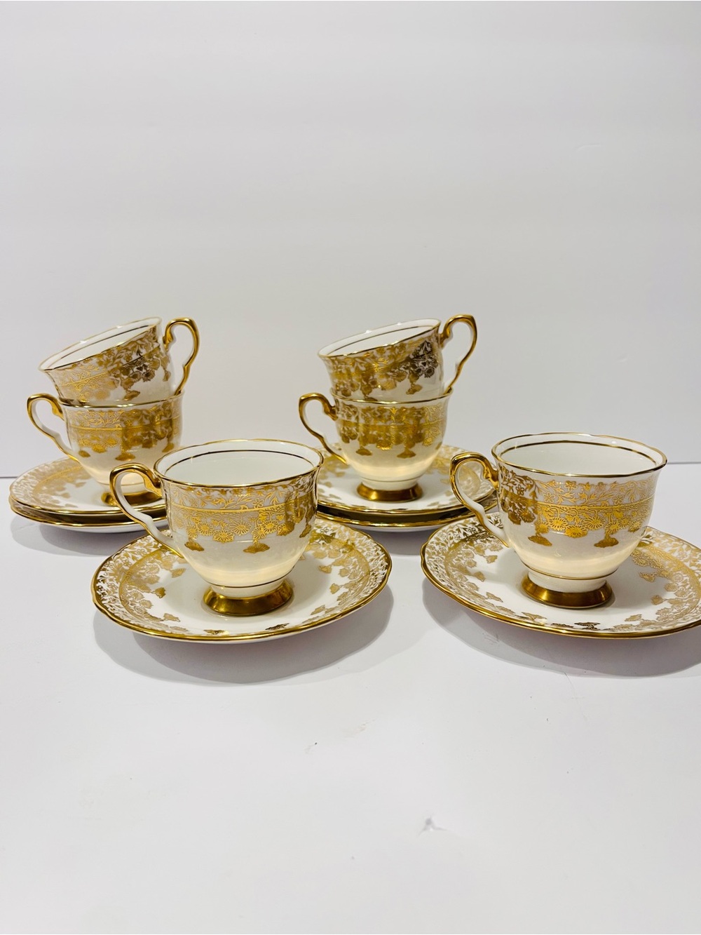 Very Rare Royal Stafford Gold Regent Filigree Coffee Cups & Saucers Set of 6